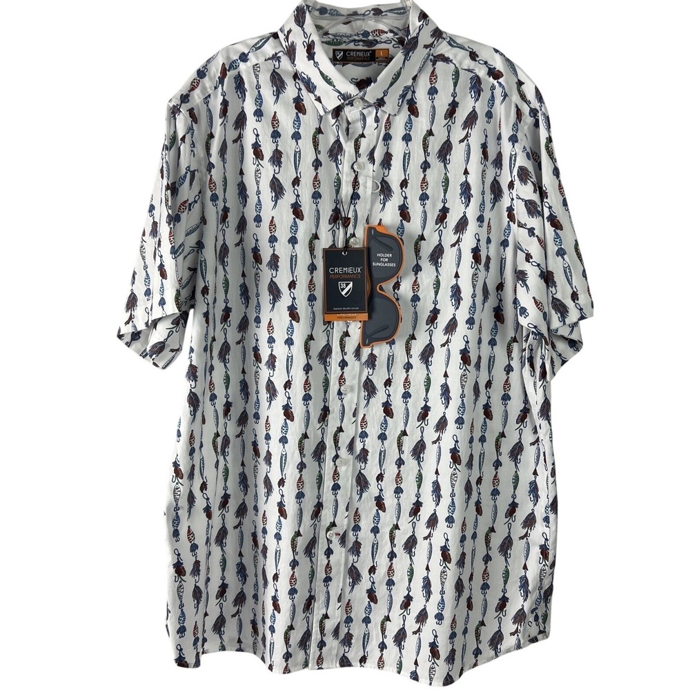 Cremieux Men Shirt Size Large Performance Fishing Lures Sunglass Holder D03